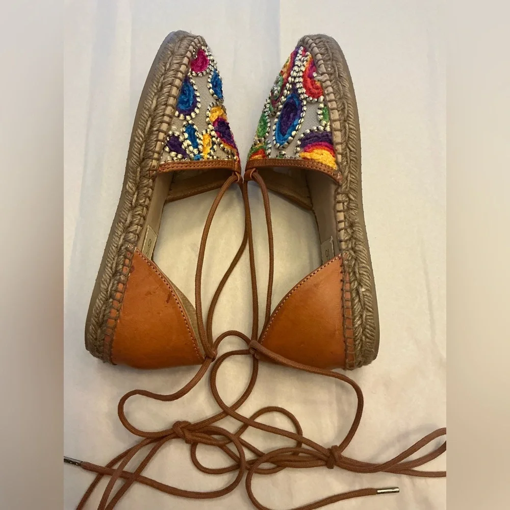 Gaimo Spain Boho Summer Embroidered Espadrille Ankle Tie Sandal Woman SZ 6.5-7